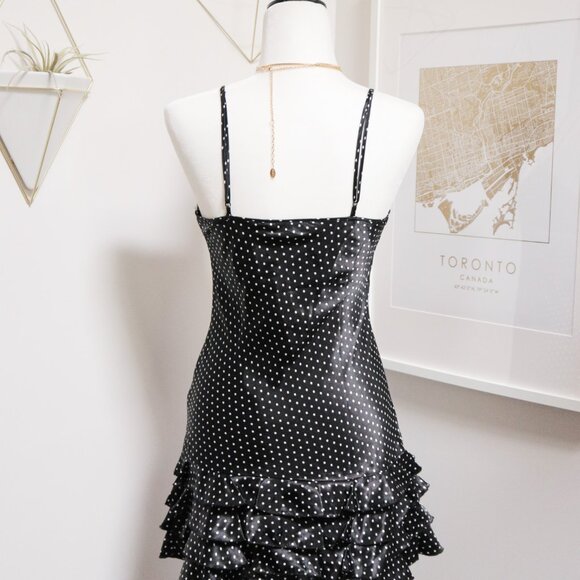 Black Polka Dot Ruffle Skirt Satin Slip Dress 🐻❄️ LA VIE EN ROSE - Picture 4 of 7